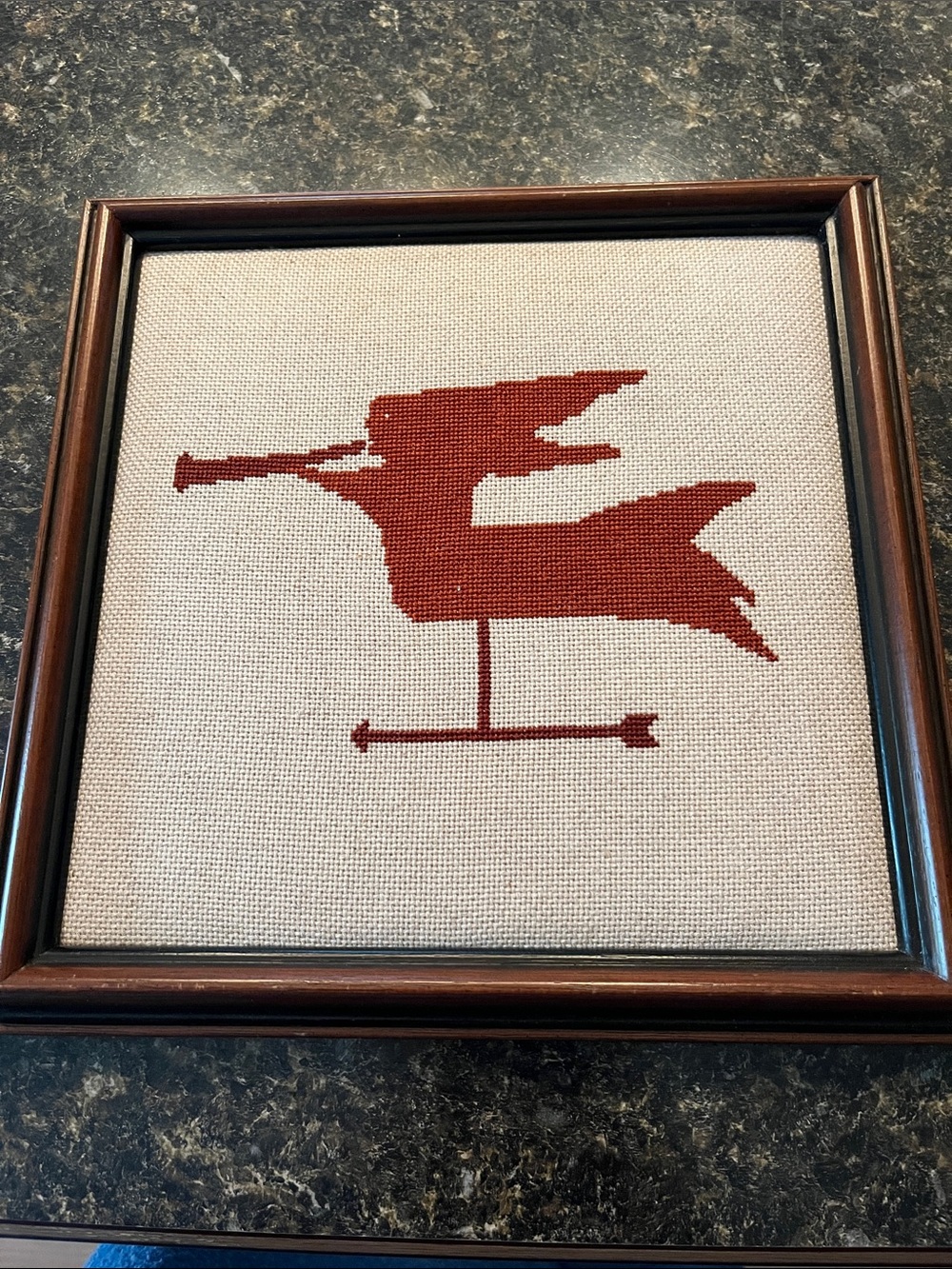 Framed Rustic Red Folk-Art Weather Vane Cross-Stitch